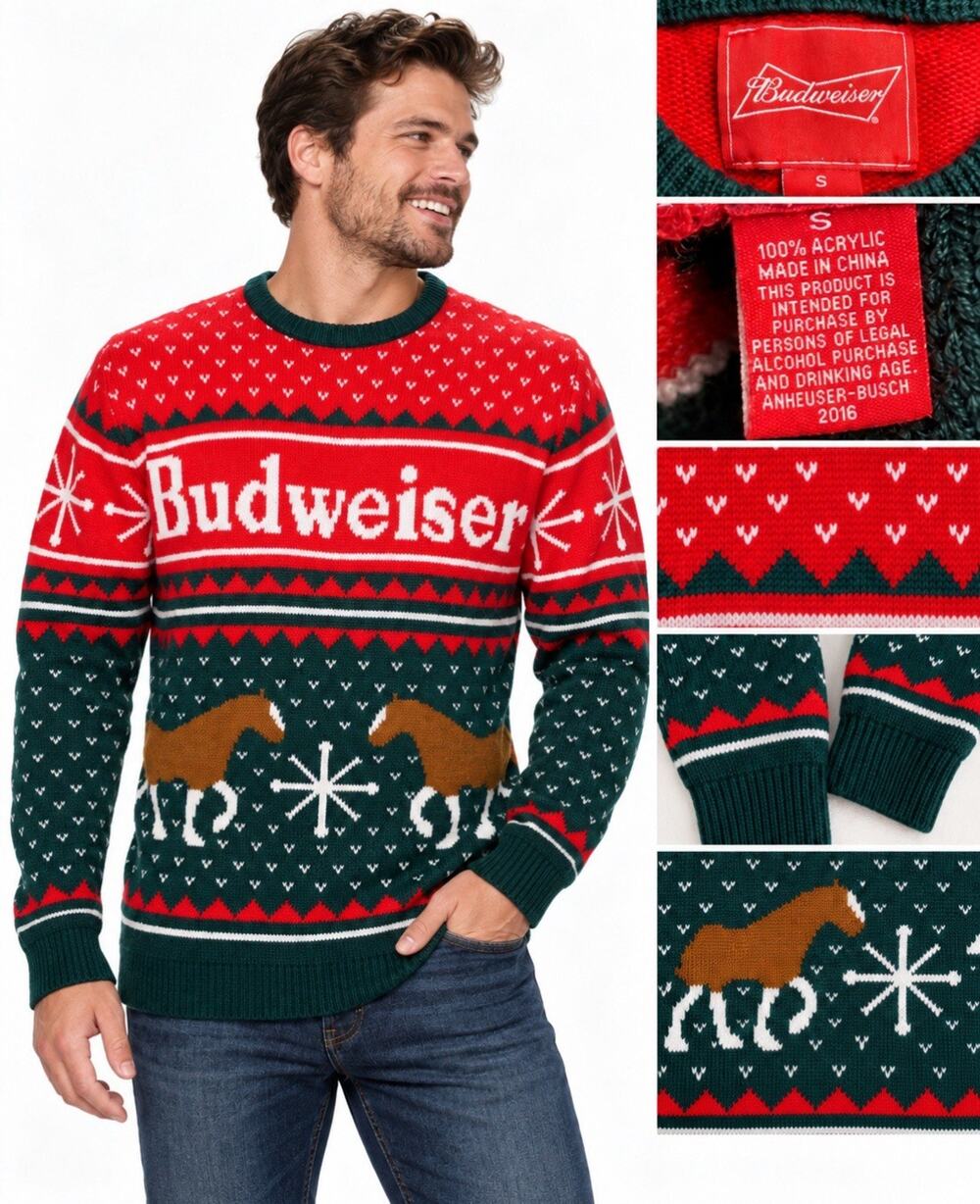 Holiday Budweiser Unisex Ugly Christmas Sweater Pullover Size S Red Clydesdale
